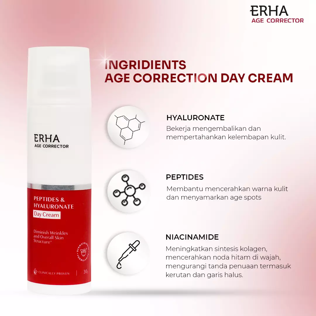 ERHA Age Corrector Peptides & Hyaluronate Day Cream 30g - Pelembap Pagi Anti Aging | Melembabkan | Mencerahkan | Melindungi | Meratakan Warna Kulit | Samarkan Garis Halus Keriput Kerutan | Moisturizer | Anti Penuaan | Pelembab