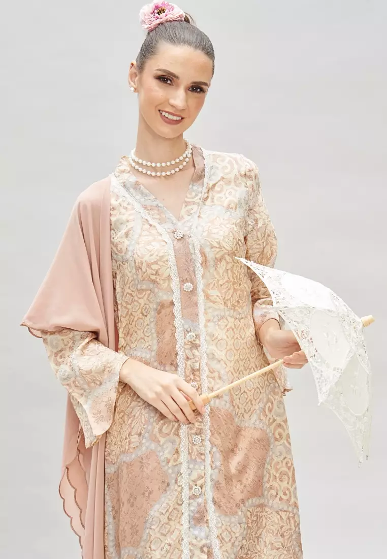 Premium Batik Beige long modern Kebaya & Satin Wrap Skirt