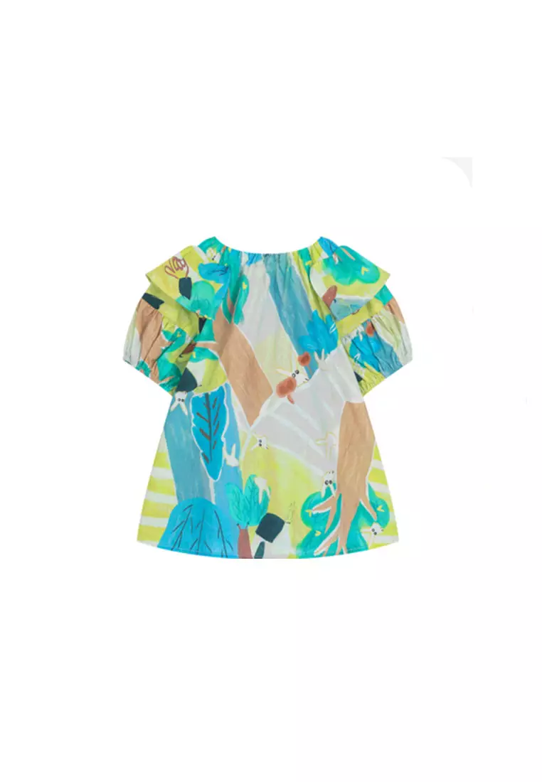 女大童短袖衬衫手绘印花荷叶边泡泡袖上衣
