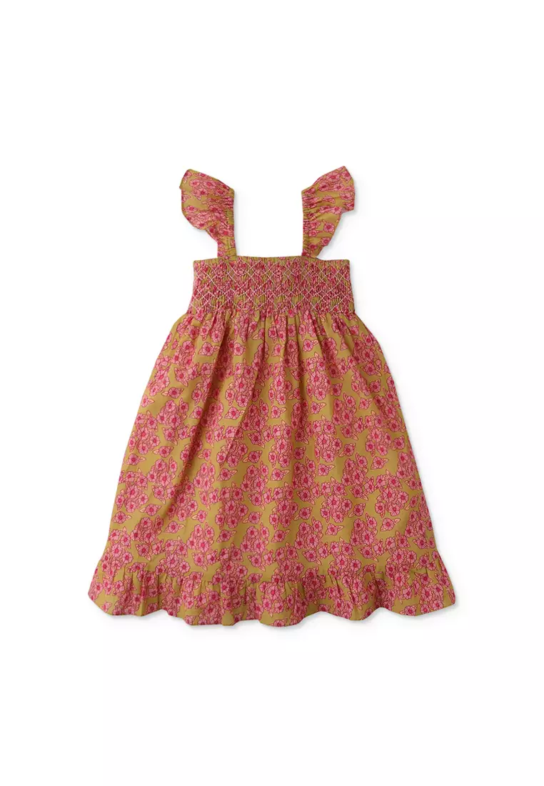 Girls Smocked Bodice 70S Floral Print Ruffle Dress