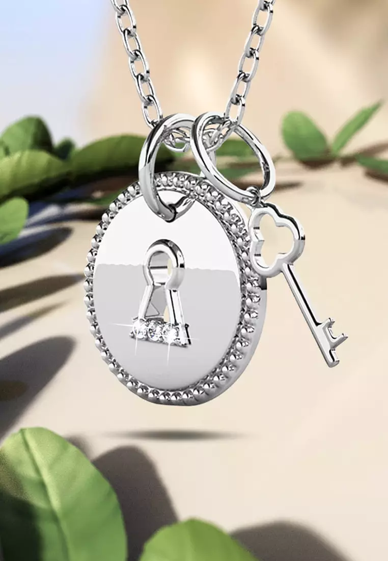 White Gold Pad Lock With Heart Keys Double Pendant Necklace Embellished with Swarovski Crystals
