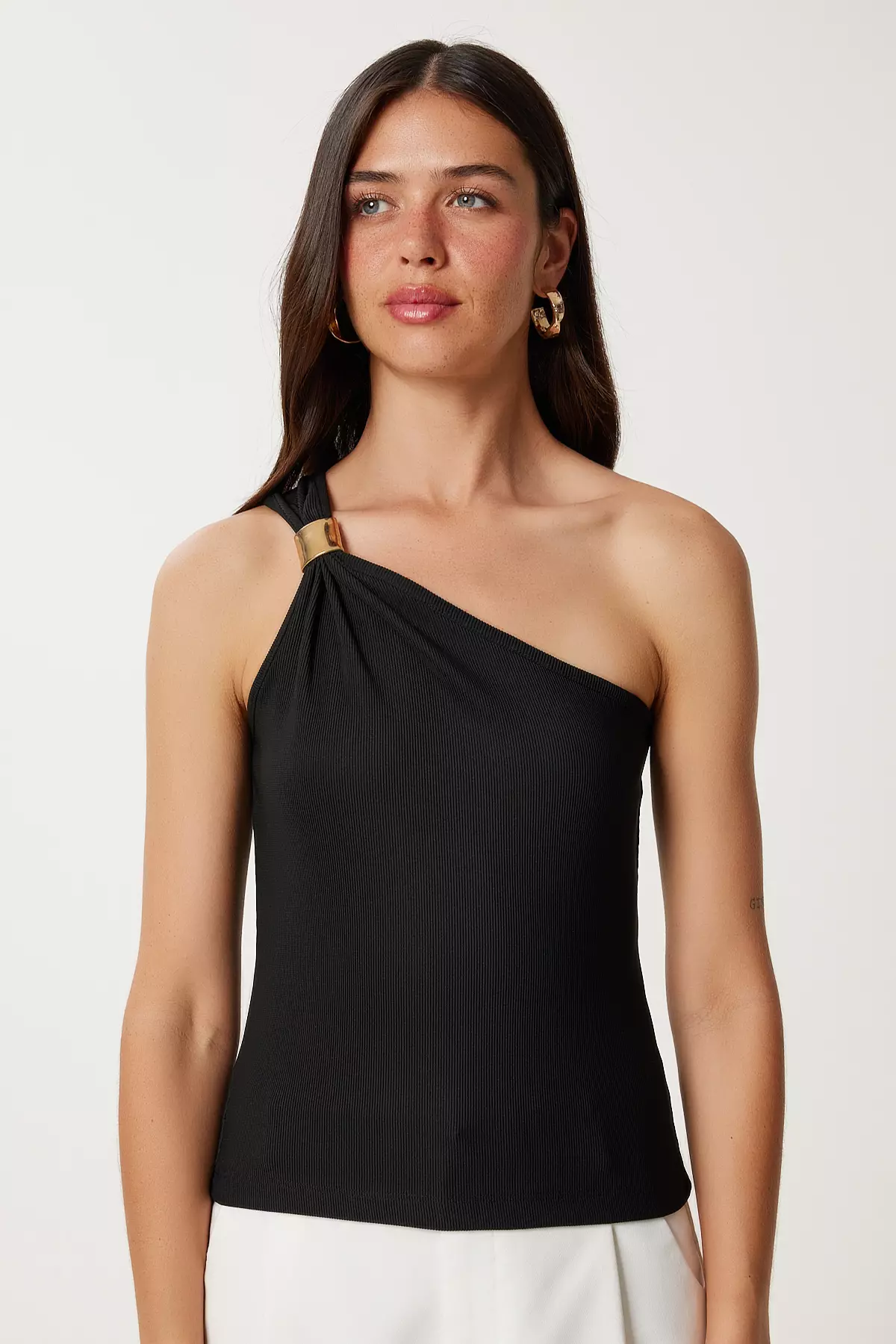 Women's Black One Shoulder Ribbed Knitted Blouse Pb00044