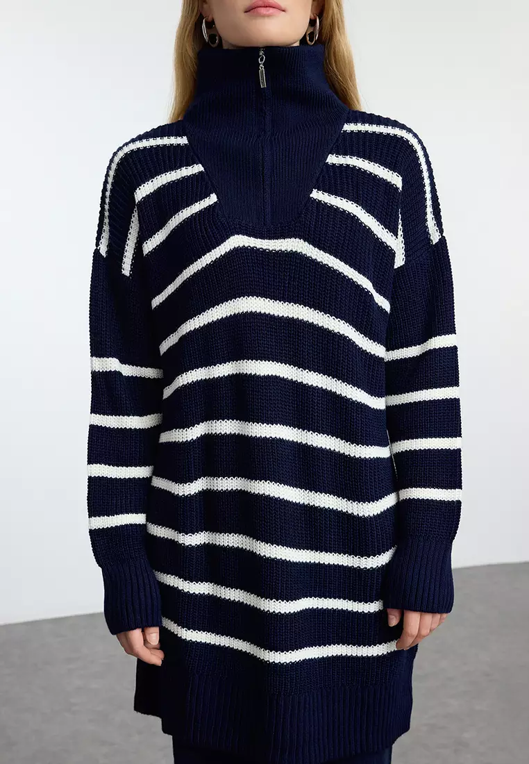 Navy Blue Zipper Detailed Selanik Striped Knitwear Top-Bottom Set TCTAW24US00058