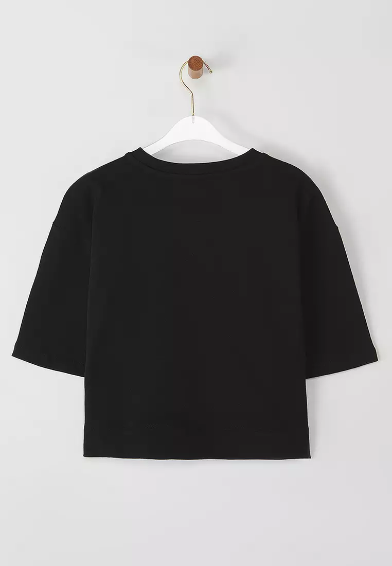 Black Relaxed/Comfortable Crop Crew Neck Knitted T-Shirt