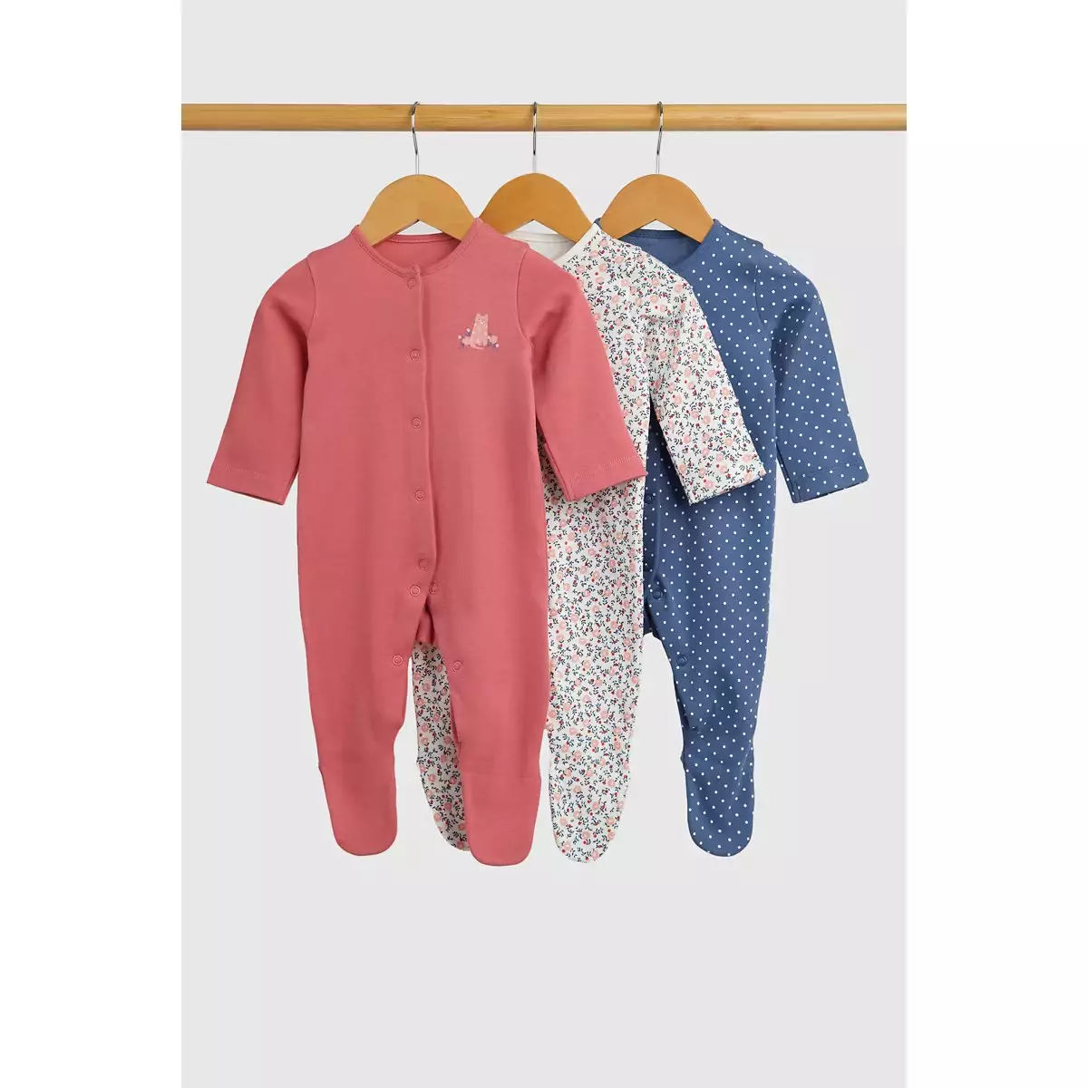 Mothercare Ditsy Floral Baby Sleepsuits - 3 Pack - Baju Tidur Anak Perempuan (Pink)