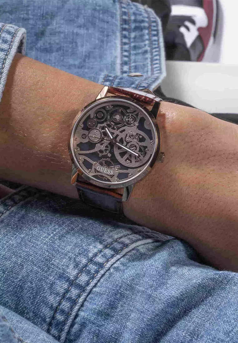 Guess GW0570G2 - Jam Tangan Analog Pria - Rosegold Stainless Steel Case - Brown Leather Strap