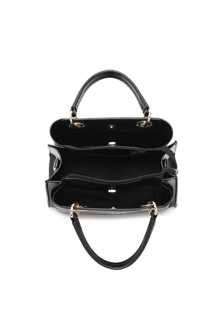 Women's Zig Zag Quilted Top Handle Bag / Crossbody Bag / Shoulder Bag - Black