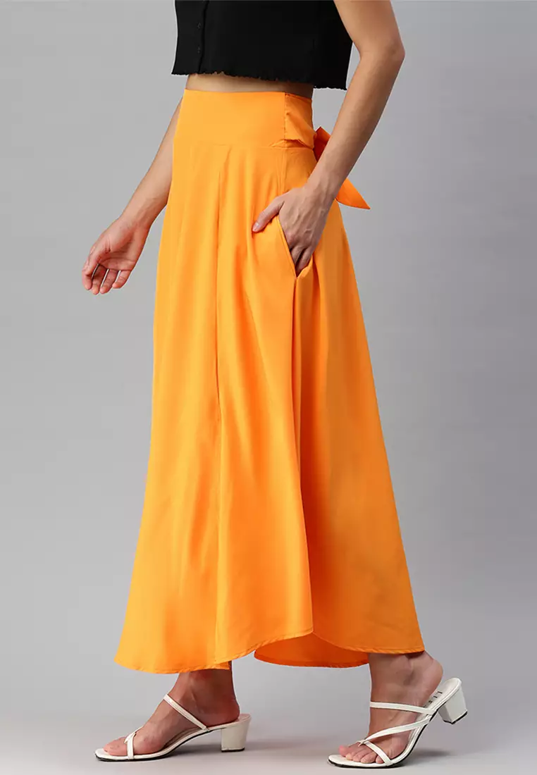 Orange Bow Detail Slit Long Skirt