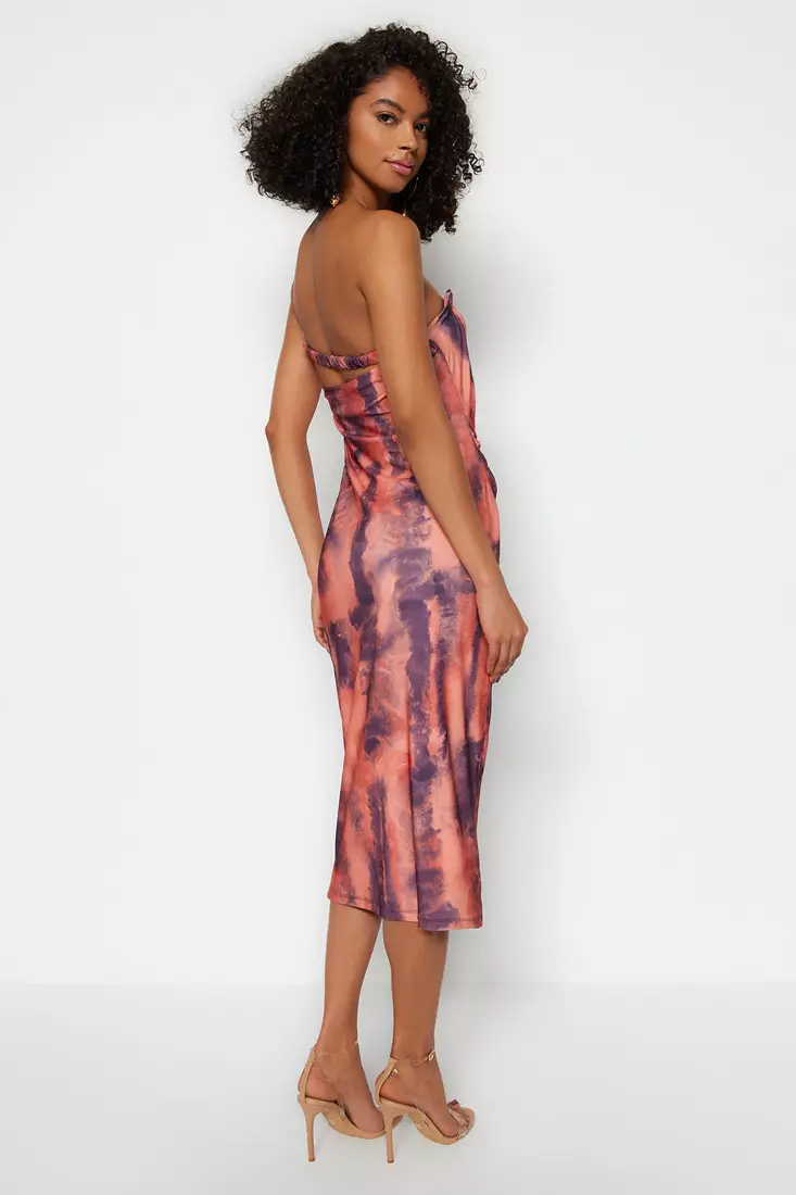 Printed, Fitted Midi One-Shoulder, Flexible Knit Dress