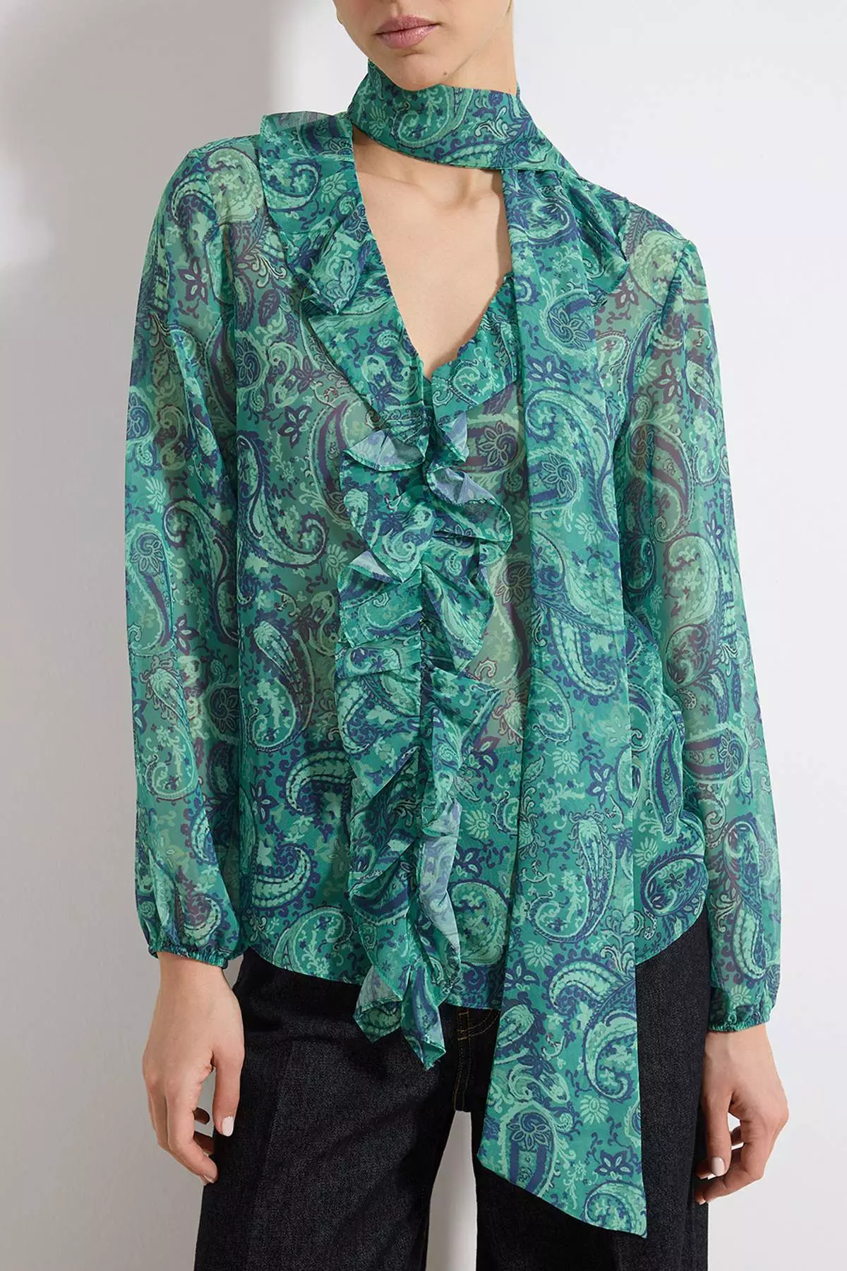 Green Shawl Patterned Boho Transparent Chiffon Woven Blouse Twoss26Bz216