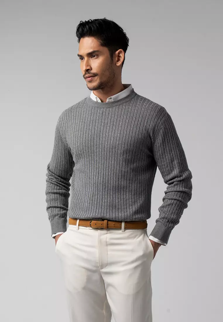 Mens Cable Knit Cotton Sweater Grey LS