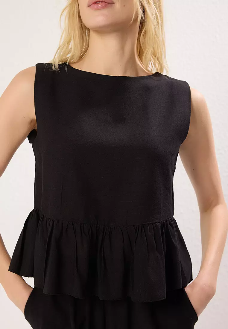 Black Linen Look Crew Neck Blouse Trousers Woven Top Bottom Set