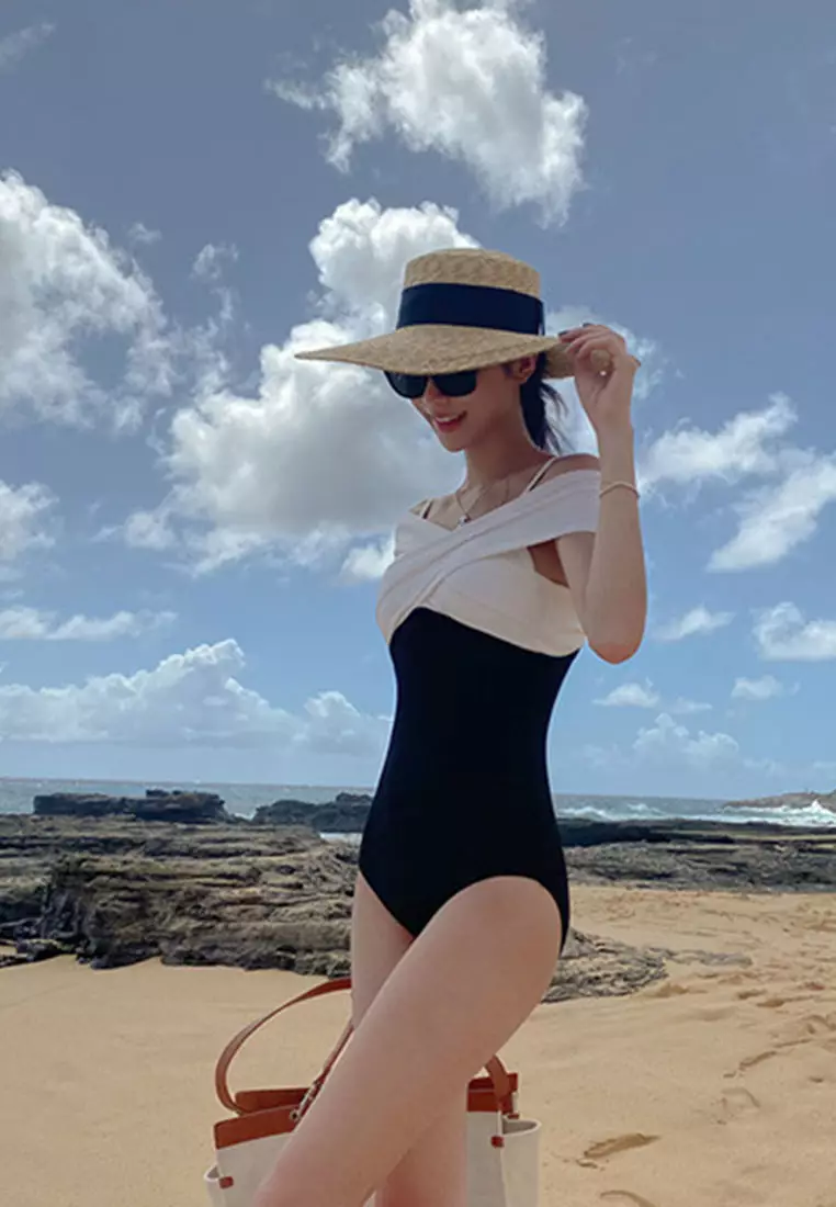 Off Shoulder Black And White Contrast One Piece Swimsuit CA071716