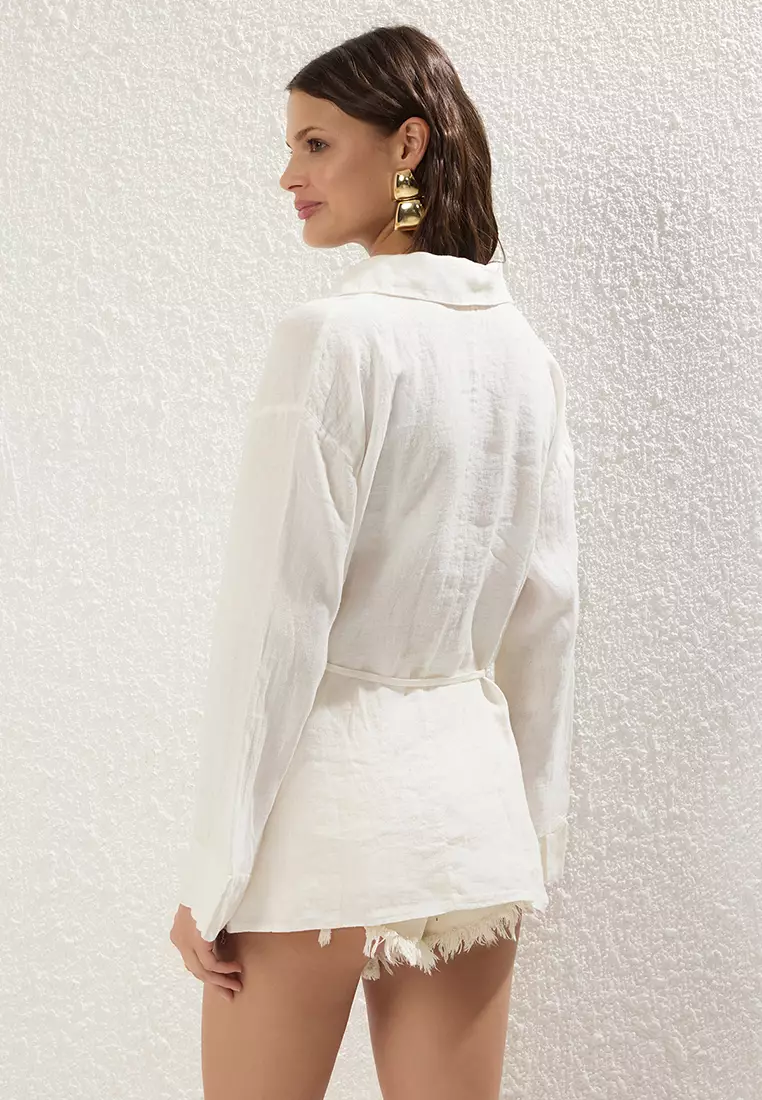 White Woven 100% Linen Tied Beach Shirt TBESS25GO00015
