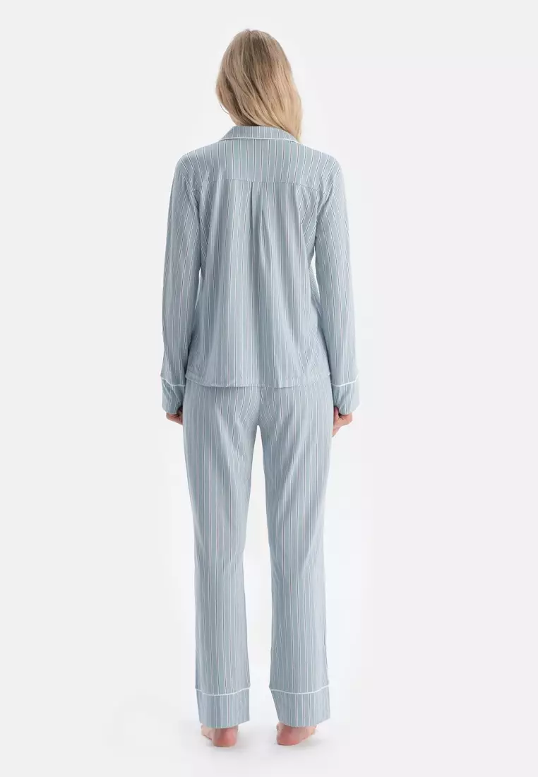 Light Blue Shirt & Trousers Set, Striped, Regular Fit, Long Sleeve Sleepwear for Women