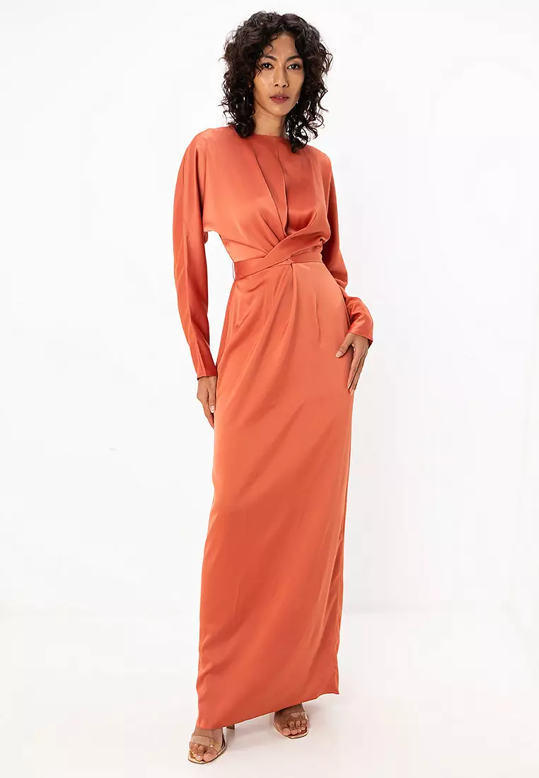 Satin Maxi Wrap Dress with Batwing Sleeve