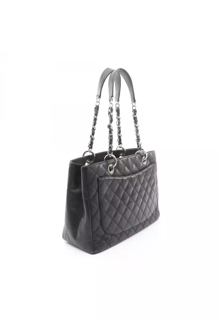 Pre-Loved Chanel matelasse grand shopping GST chain shoulder bag chain tote bag Caviar skin black silver hardware