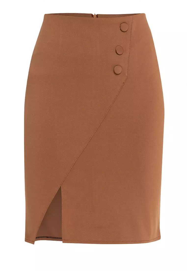 Toffee Pencil Skirt With Buttons