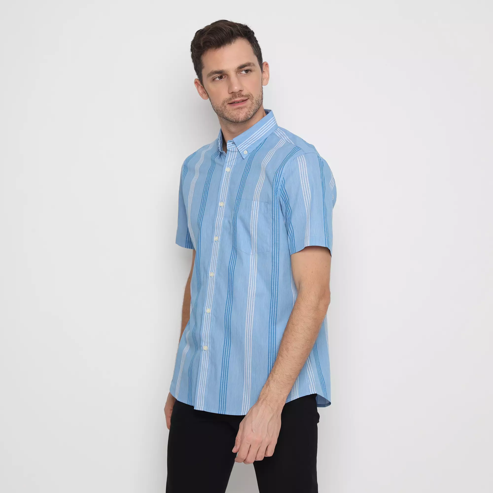 Platini Kemeja Motif Salur Pria Lengan Pendek Katun Biru 73463