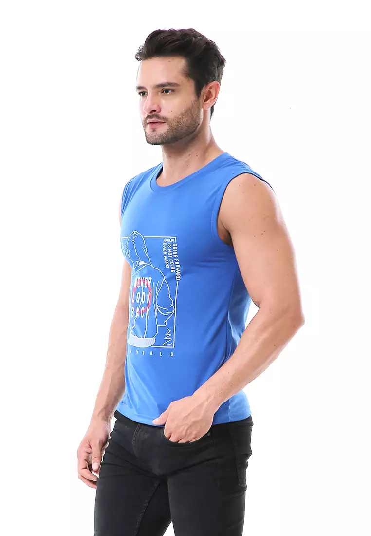 Bobby Atasan Kasual Pria Singlet Motif Never Look Back Sleeveless Tshirt Material Cotton ORIGINAL - Blue