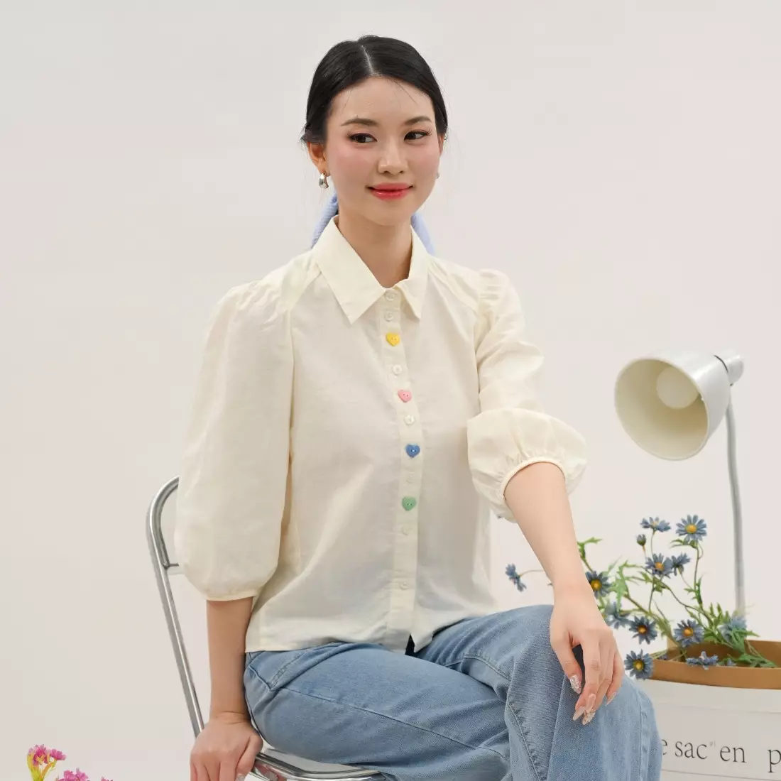 Rainbow Heart Button Puff Sleeve Shirt in White