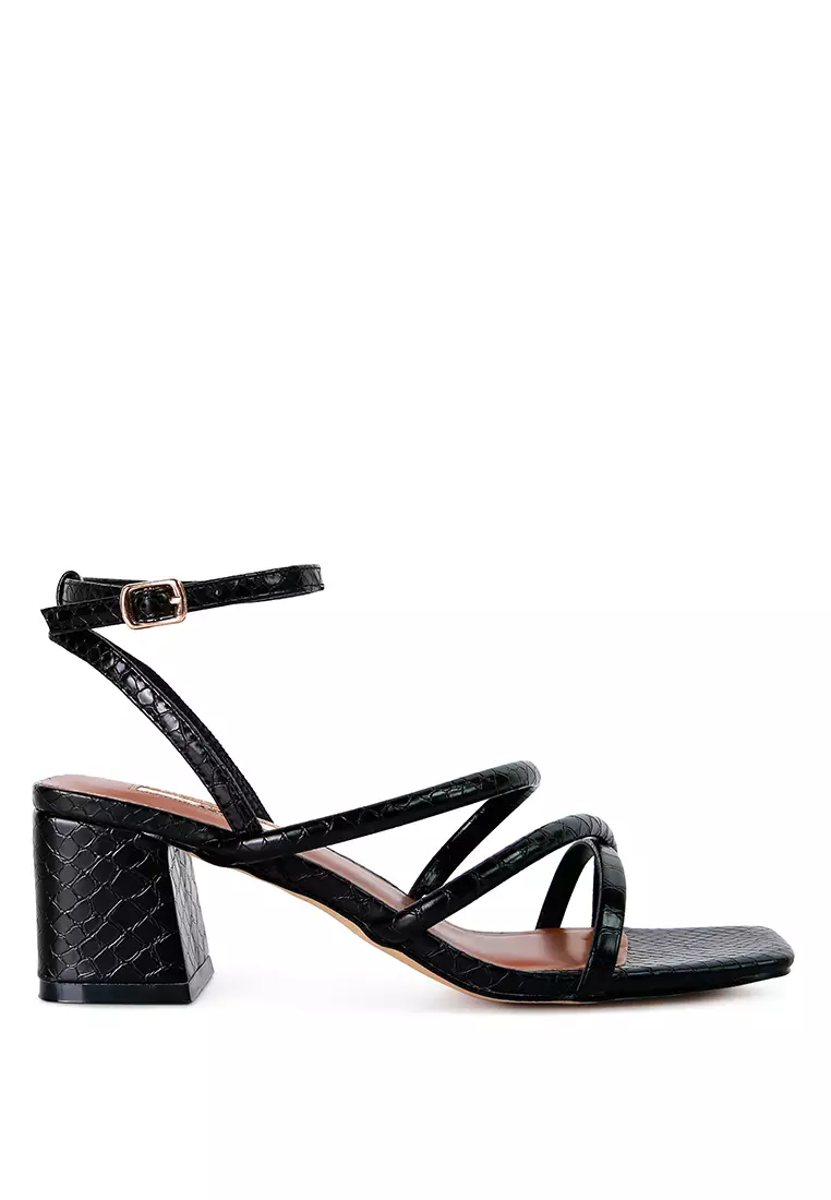 Discount on London Rag  shoes - SKU: Black Croc Mid Block Heel Casual Sandals