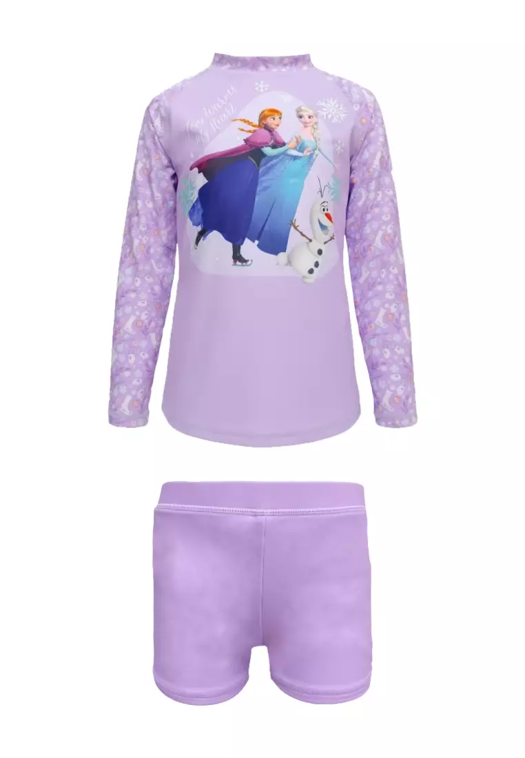 DISNEY Frozen Long-Sleeved Rashguard Boyleg Set with Zipper and Swimwear for Kids Girls