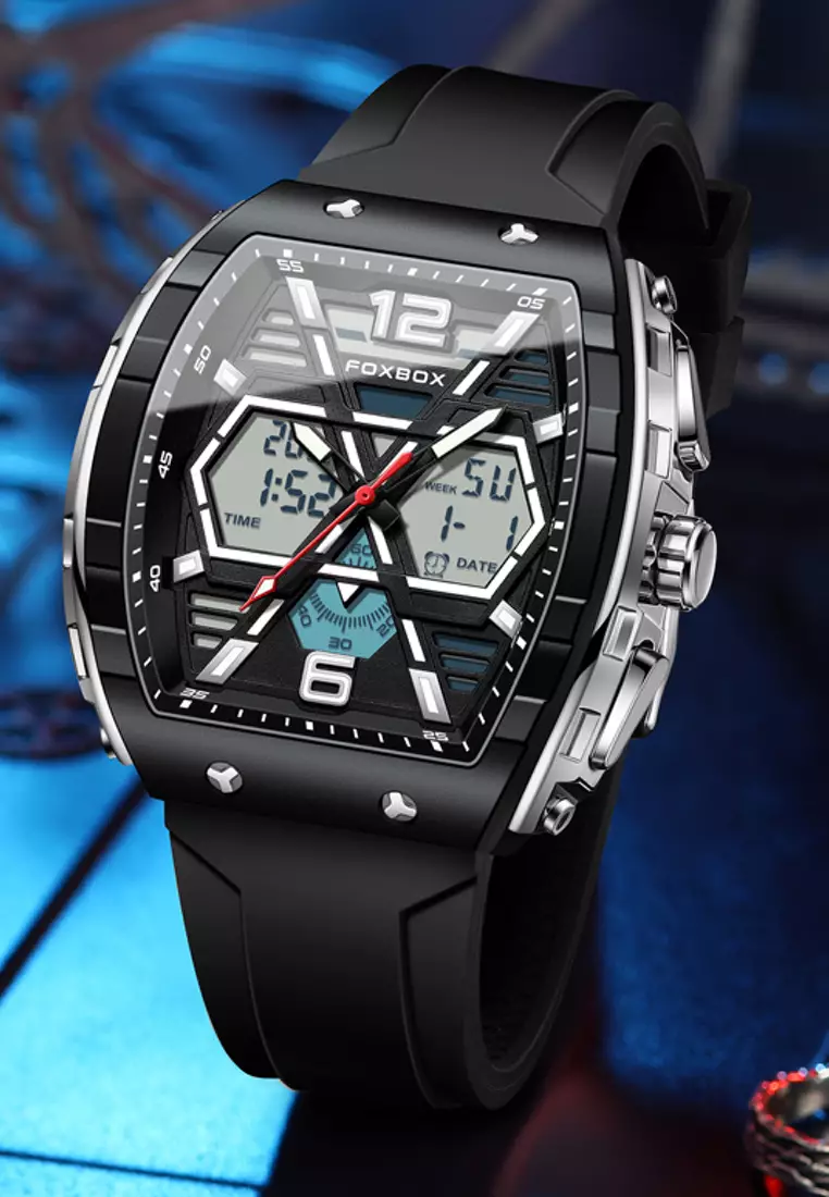 FOXBOX Chronograph Unisex Silver Color Metal Alloy Quartz Watch, 50x48mm, Black Dial, Black Rubber Strap