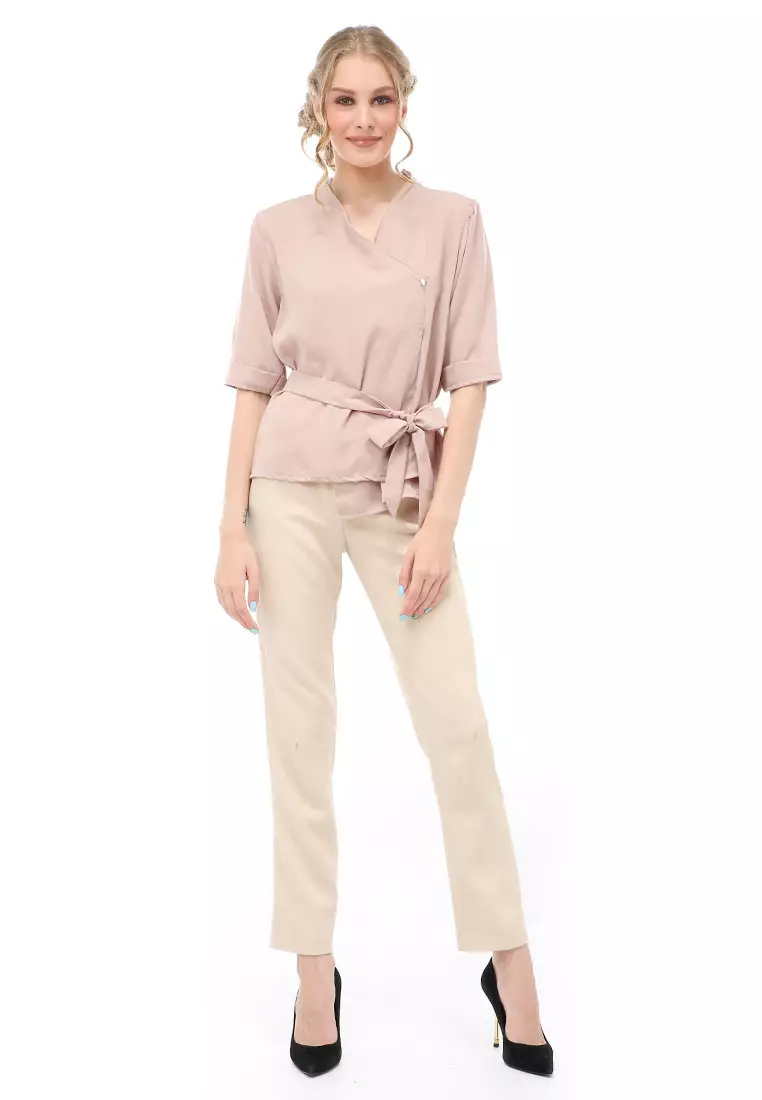 Cheva Blouse Atasan Wanita Kasual Model Tali Ikat Pinggang Material Wolfis ORIGINAL - Cream