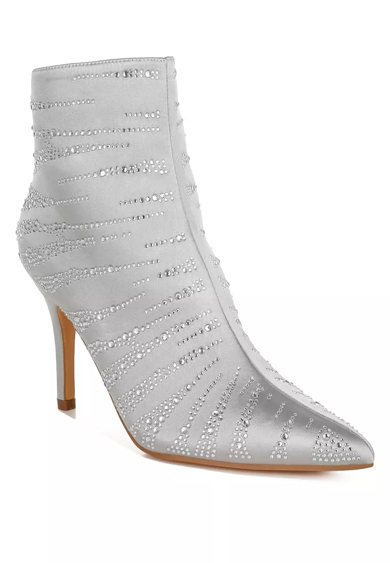 Buy London Rag Satin Rhinestone Ankle Party Boots in Silver 2025