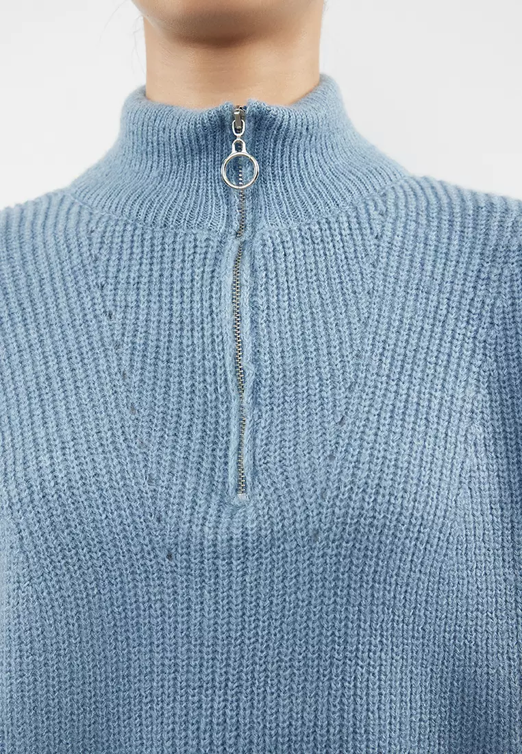 Knitwear Sweater With Dark Blue Soft Texture Zipper