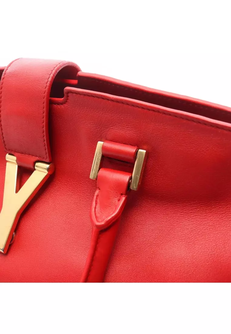 Pre-Loved SAINT LAURENT PARIS Y line Kabas Handbag leather Red