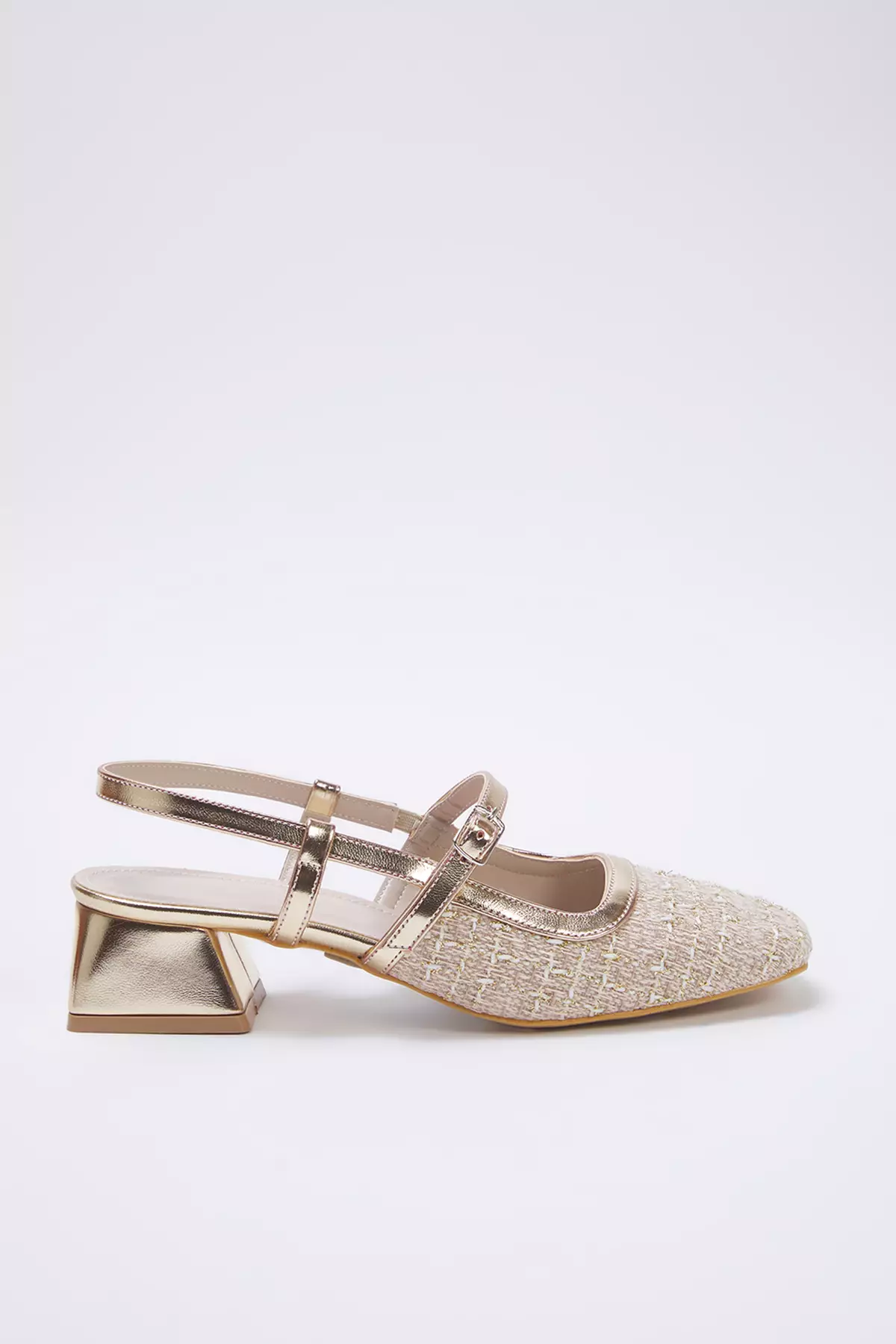 Beige Tweed Square Toe Mary Jane Women Block Heels Shoes Takss25To00023