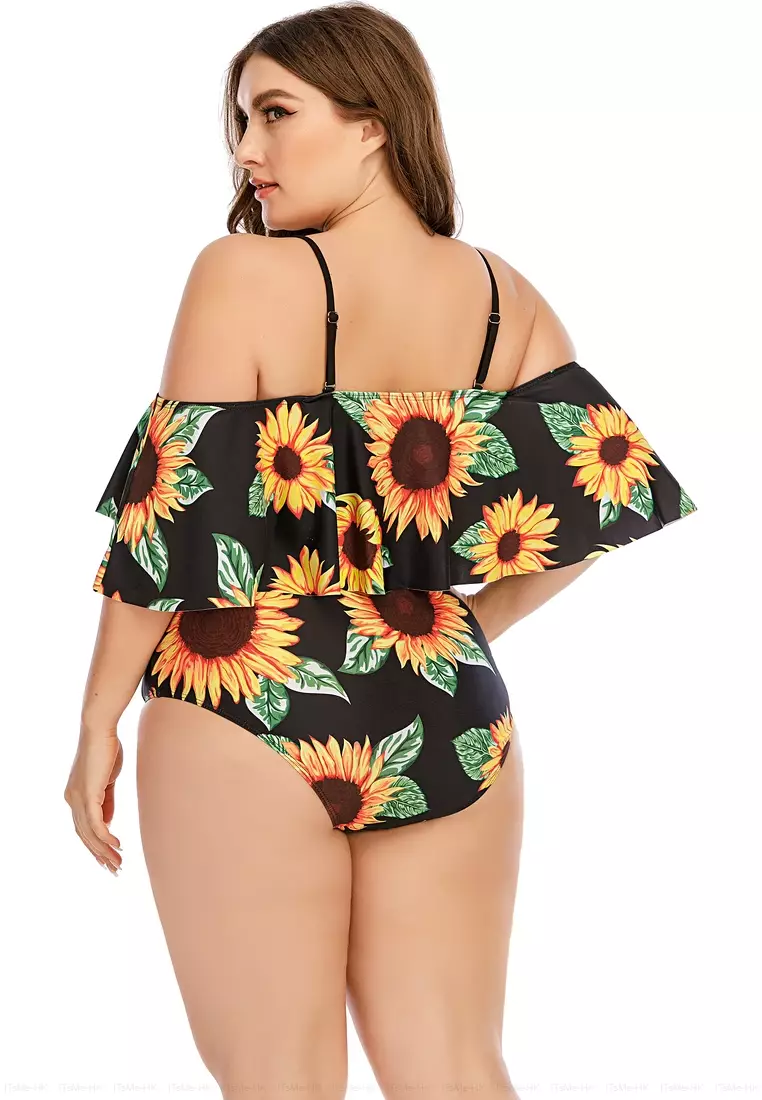 Striped sunflower print one shoulder tummy control tankini swimwear hotsell
