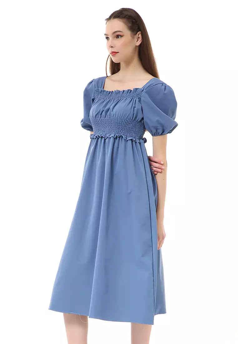 Rachel Dress Retro Wanita Full Karet Short Sleeve Material Cotton ORIGINAL - Blue