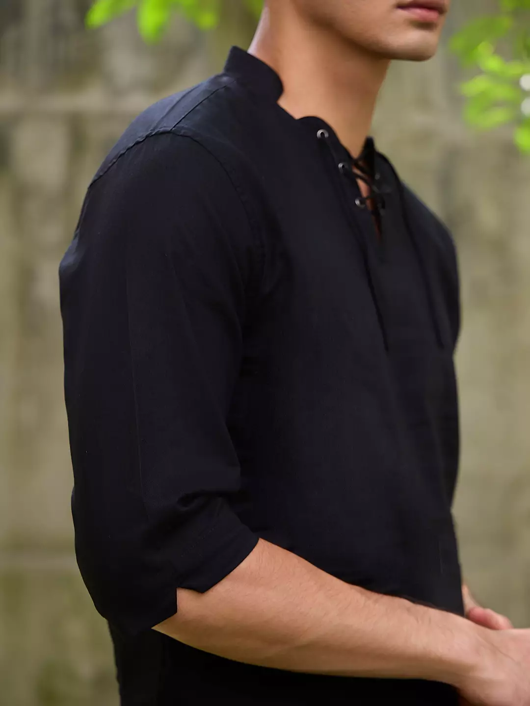 OXCON ZUHUD Kemeja koko Modern Linen Look Collarless Shirt Black