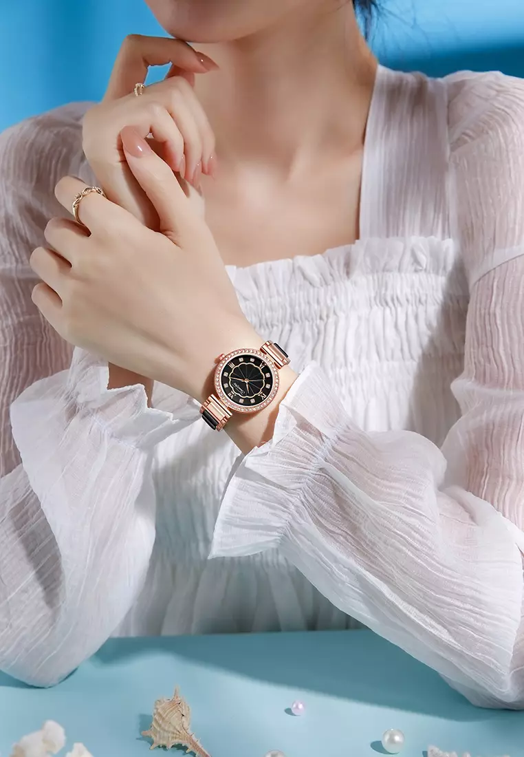 Jam Tangan Wanita 6032 Kuarsa Tali Stainless Steel Berlian Anggun Santai Jam Tangan Cewek black