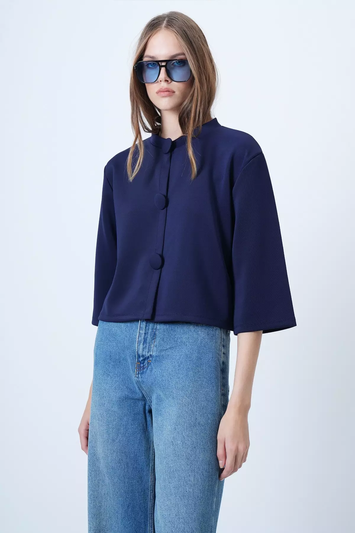 Navy Blue Coated Buttoned Crew Neck Special Design Crop Jacket Alc-X14647