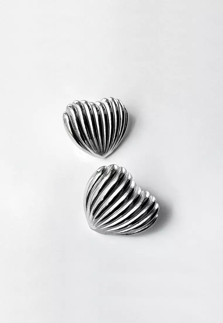 Ridged Heart White Gold layered Stud Earrings