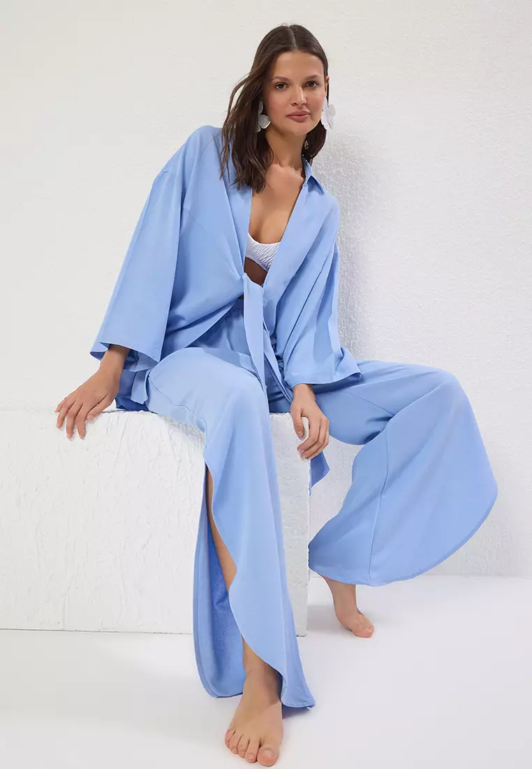 Blue Woven Tied Linen Blend Shirt Trousers Beach Suit TBESS24AU00031