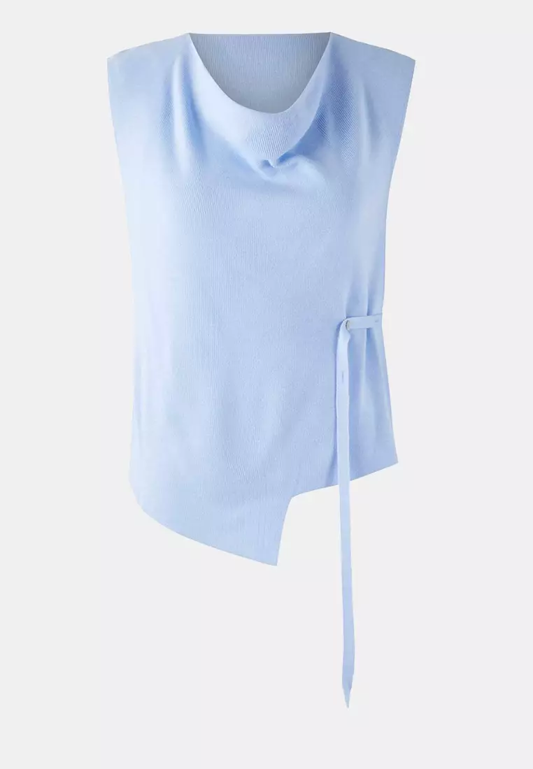 Light Blue Mercerized-Look Asymmetric Cowl Neck Knitted Thin Blouse