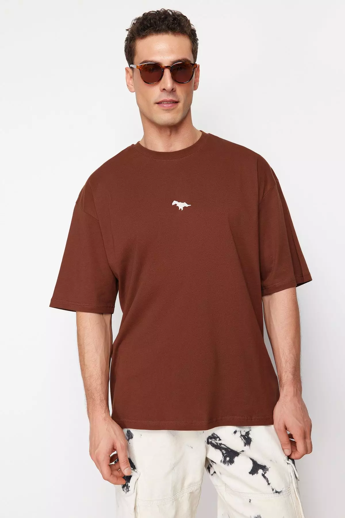 Brown Oversize/Wide Cutting Dinosaur Embroidered 100% Cotton T-Shirt TMNSS23TS00243 TMNSS23TS00243