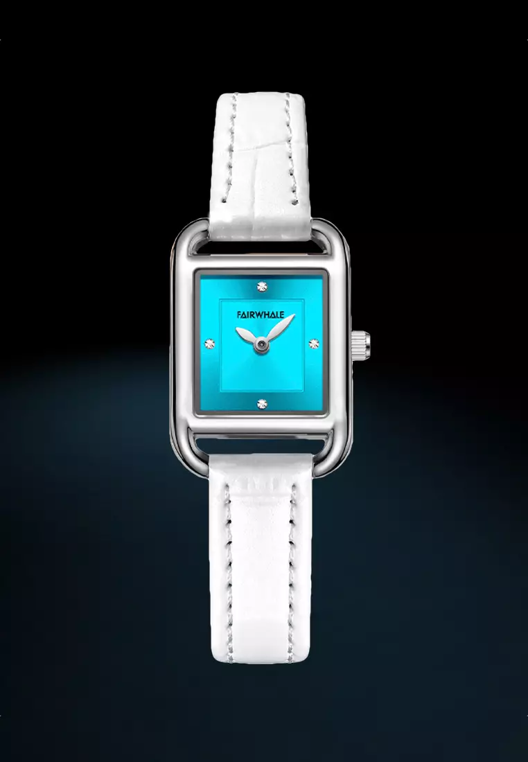 Ladies Stainless Steel Quartz Watch, 22mm, Blue Dial, White Leather Strap