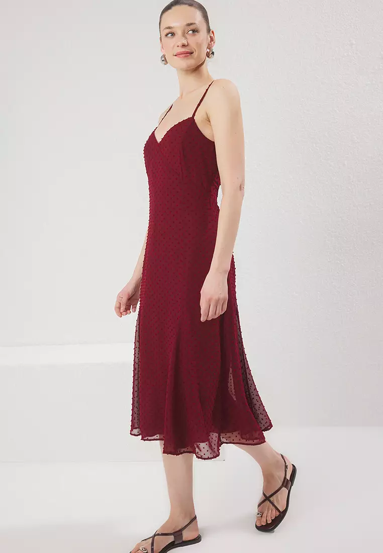 Dark Cherry Straight A Cut Fabric Featured Midi Woven Dress TWOSS25EL00558