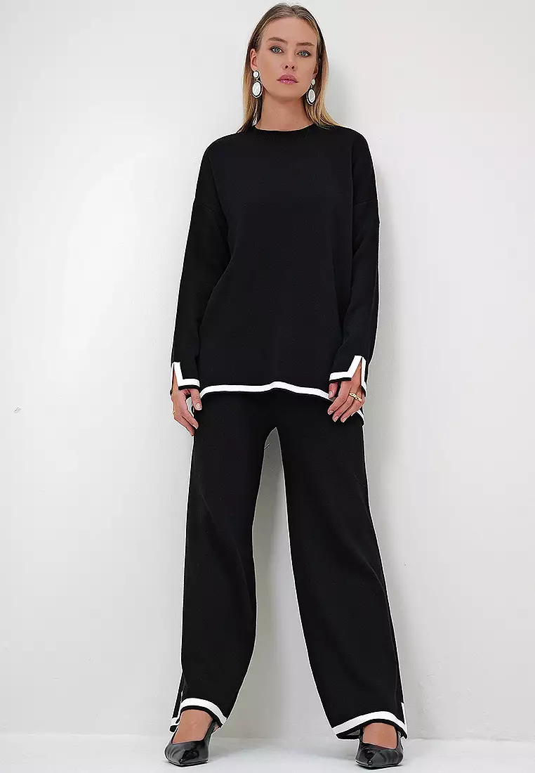 Contrast Trims Knitted Blouse and Pants Set