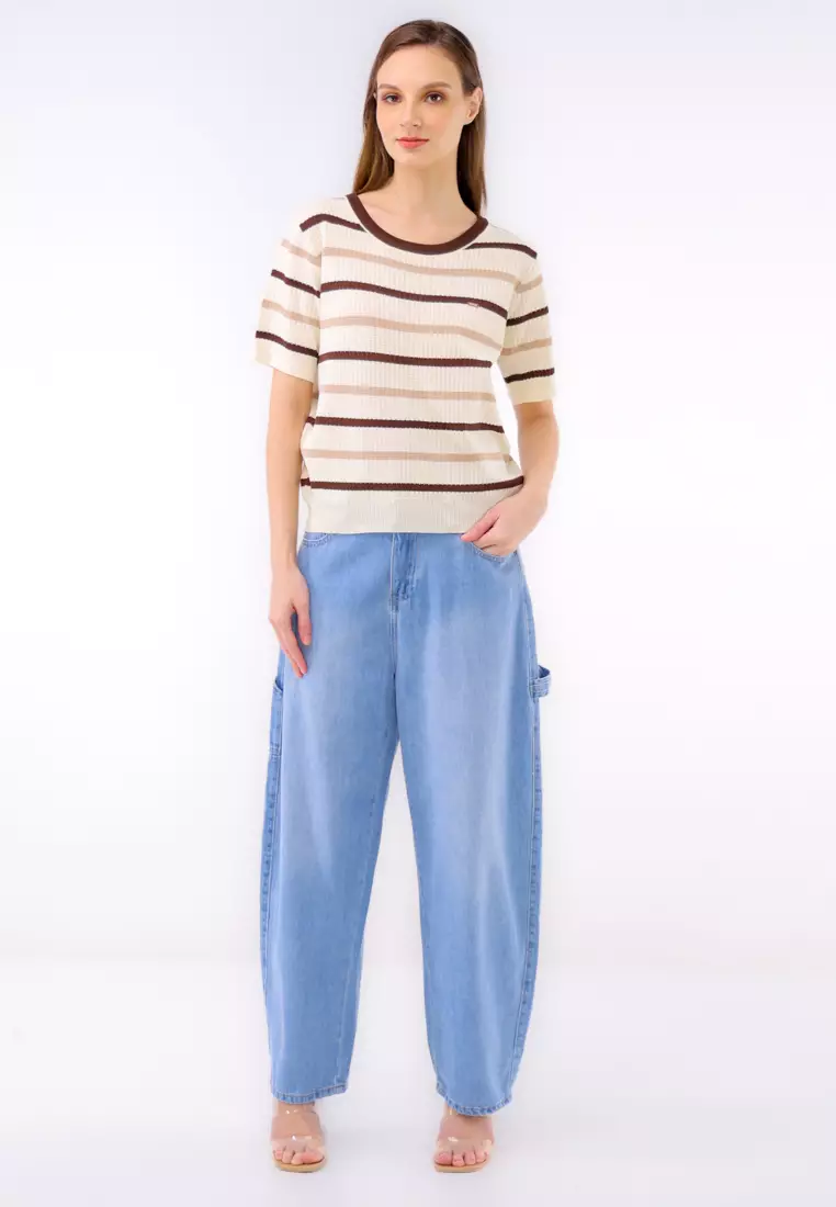 Knitted Stripes Short Sleeve Blouse