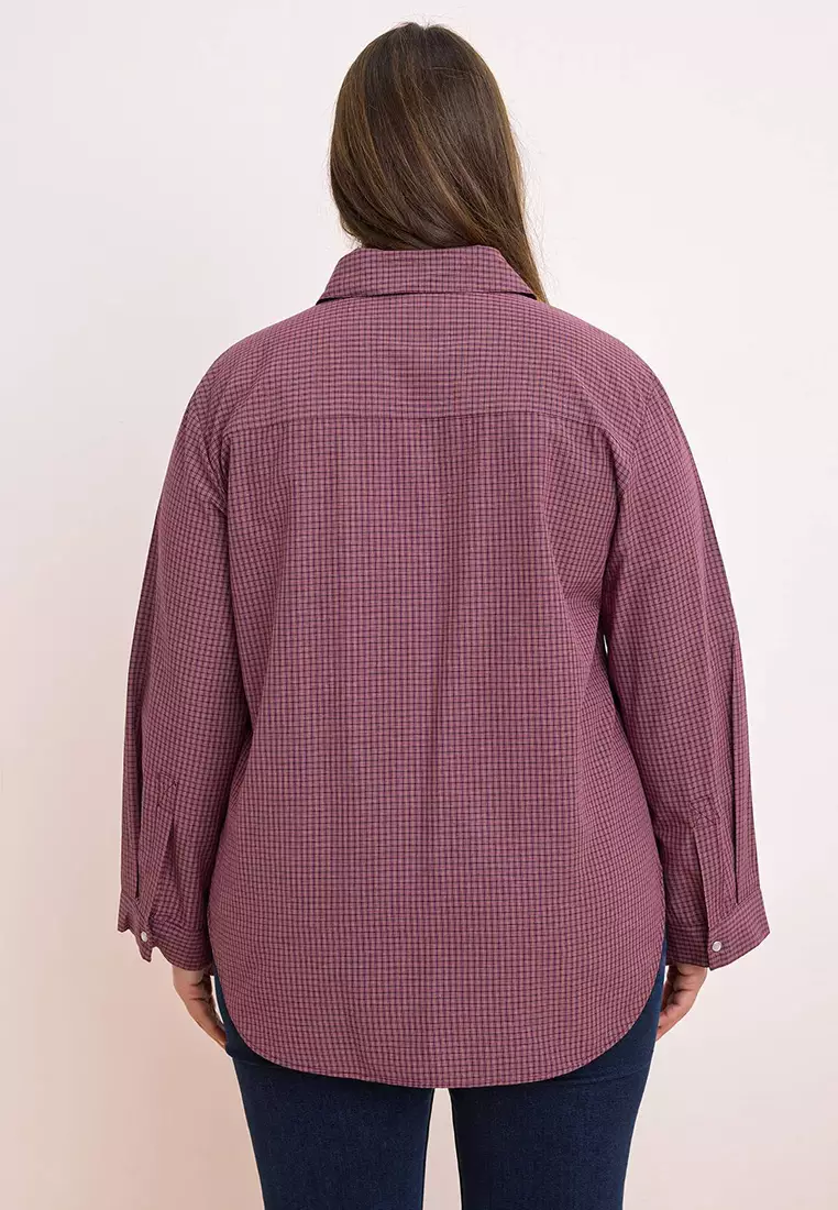 Burgundy-Multicolor Plaid / Checked Wide Cuff Sleeve Foldable Oversized Shirt Tbbss26Ax00011