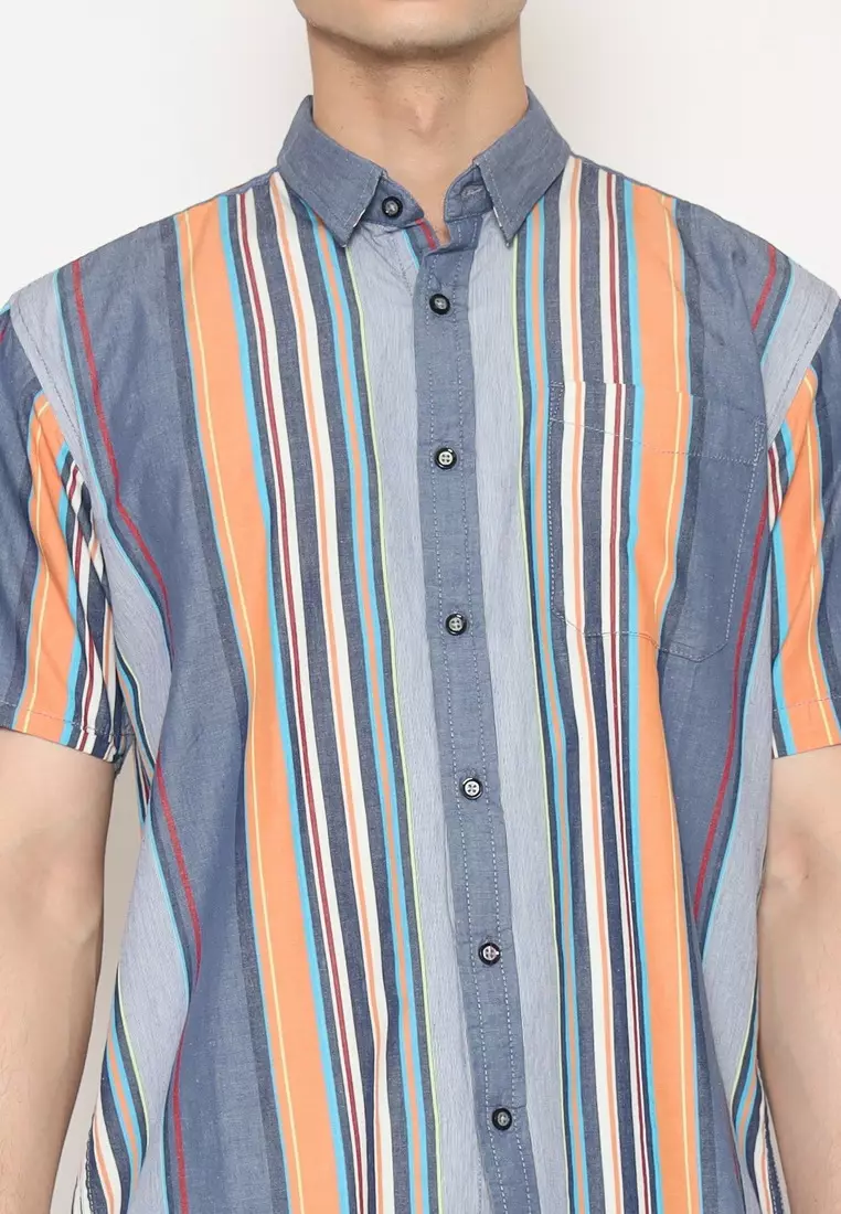 POLICE Kemeja Salur Printing Biru Orange Regular Fit Pria