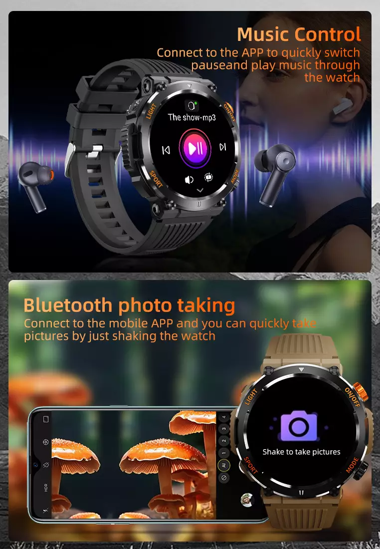 SmartWatch HT17 Anti Air Layar Terang 1.46'' Olahraga Monitor Detak Jantung Music Lampu LED Jam Tangan Pria Khaki dengan tali jam gratis