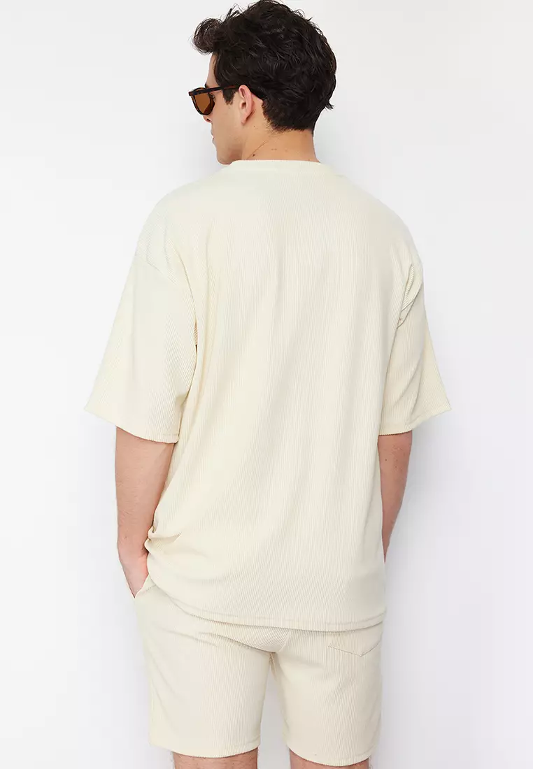 Ecru Premium Oversized Crew Neck Short Sleeve Textured Ottoman T-Shirt